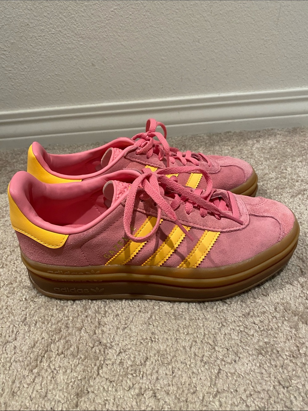 adidas Pink Suede Sneakers with Yellow Stripes